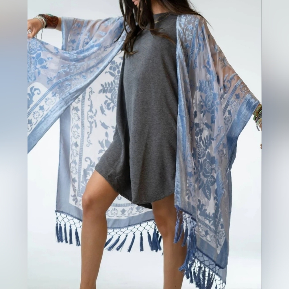Blue Floral Kimono with Tassels
